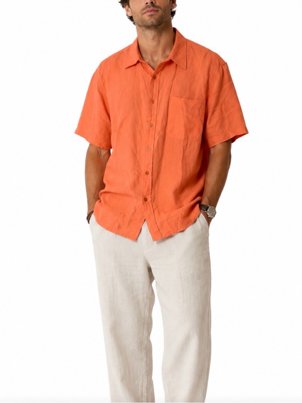 Linea Uomo Men's Short-Sleeve Linen Button-Up Shirt in black Orange